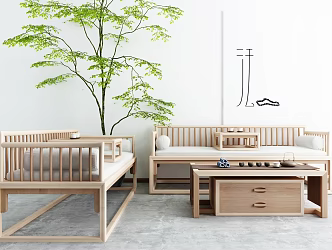 New Chinese Style Sofa Coffee Table Combination Solid Wood Sofa 3d model