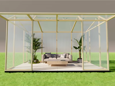 Sunroom with Transparent Glass Walls Featuring Sofa Coffee Table and Green Plants on Grass 3d model