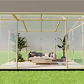 Sunroom with Transparent Glass Walls Featuring Sofa Coffee Table and Green Plants on Grass