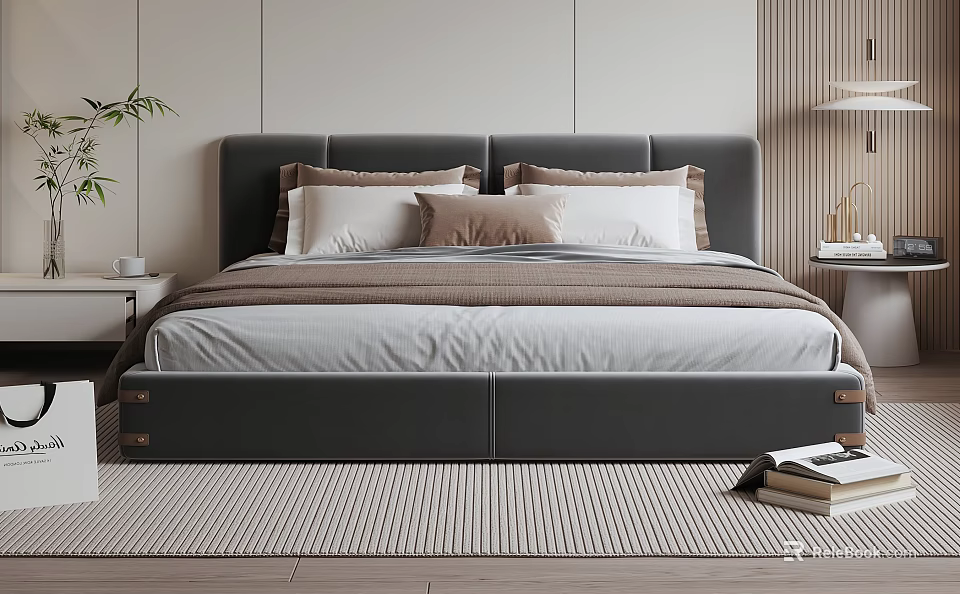 Modern Double Bed With Upholstered Headboard Pillows Bedding Side Tables And Rug In Minimalist Bedroom 3d model 