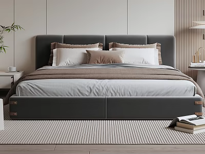 Modern Double Bed With Upholstered Headboard Pillows Bedding Side Tables And Rug In Minimalist Bedroom 3d model