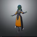 Magical Elf Creature Character Green Skin Blue Hair Silver Armor Orange Dress Blue Cape Standing