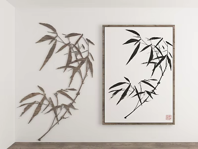 Plant Paintings And Bamboo Leaves Wall Art In Minimalist Space 3d model