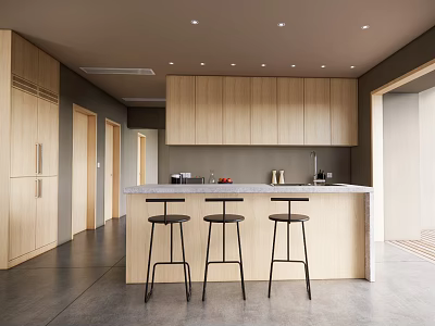 Modern Kitchen Interior With Wooden Cabinets Island Counter And Bar Stools 3d model