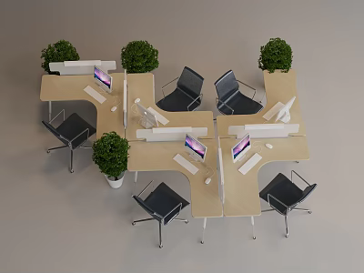 Modular Light Wooden Office Desks with Black Chairs Green Plants and Computers 3d model