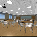 Spacious Cafeteria Interior With Wooden Flooring White Tables Chairs Ceiling Lights Projector Screen And Windows