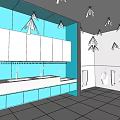 Public Restroom Interior With Multiple Sinks Stalls And Modern Chandeliers