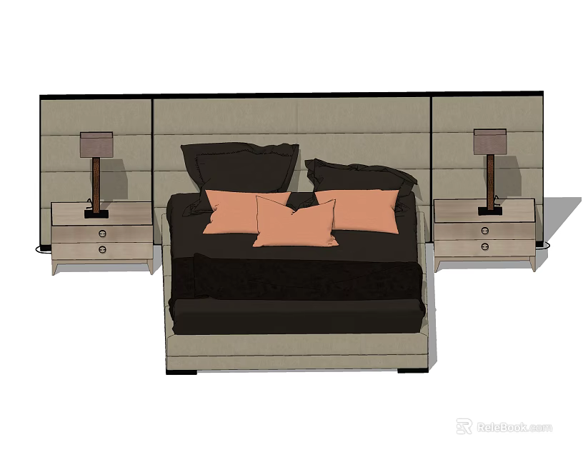 Double Bed with Bedside Tables Bedside Lamps and Orange Dark Pillows 3d model 