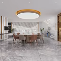 Elegant Restaurant Interior With Tableware Display Shelves Fresh Fruits Warm Lighting And Polished Countertops