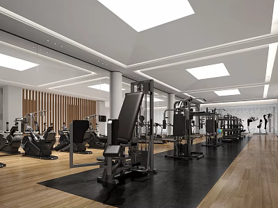 Modern Gym Fitness Equipment In Spacious Interior With Wooden Flooring And Ceiling Lights 3d model