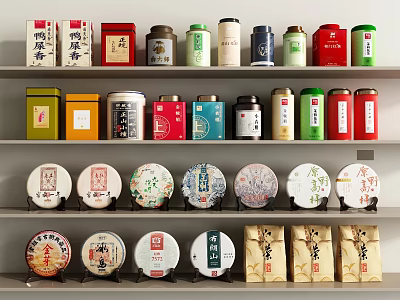 Colorful Tea Sets Display on Shelves with Various Tea Cans and Decorative Tea Cakes 3d model