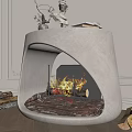 Modern Curved Concrete Fireplace With Burning Fire Firewood And Decorative Items In Living Room