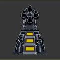 Futuristic Mechanical Turret With Multiple Barrels And Metallic Blue Yellow Details