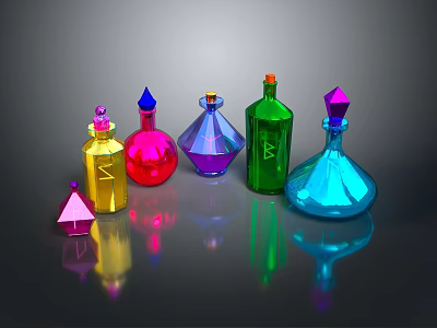 Vibrant Colorful Decorative Glass Bottles With Various Shapes And Small Cone Accessory For Home Decoration 3d model