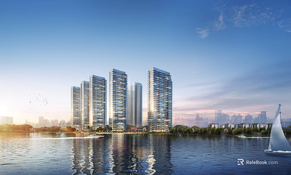 Modern High Rise Residential Buildings Along Waterfront With Blue Sky Reflection 3d model 