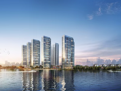 Modern High Rise Residential Buildings Along Waterfront With Blue Sky Reflection 3d model