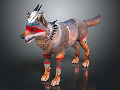 Decorative Wolf With Spiked Headpiece Red Facial Patterns Colorful Body Markings And Leg Decorations 3d model