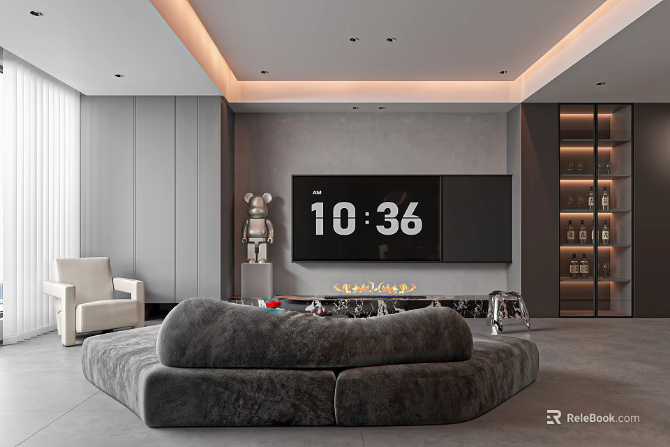 Modern Living Room With Gray Sofa Large TV Screen Fireplace And Robot Decor 3d model 