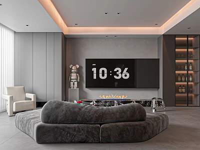 Modern Living Room With Gray Sofa Large TV Screen Fireplace And Robot Decor 3d model