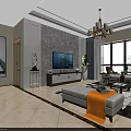 Modern Living And Dining Room With White Sofa Chandelier TV Decorative Paintings And Dining Set