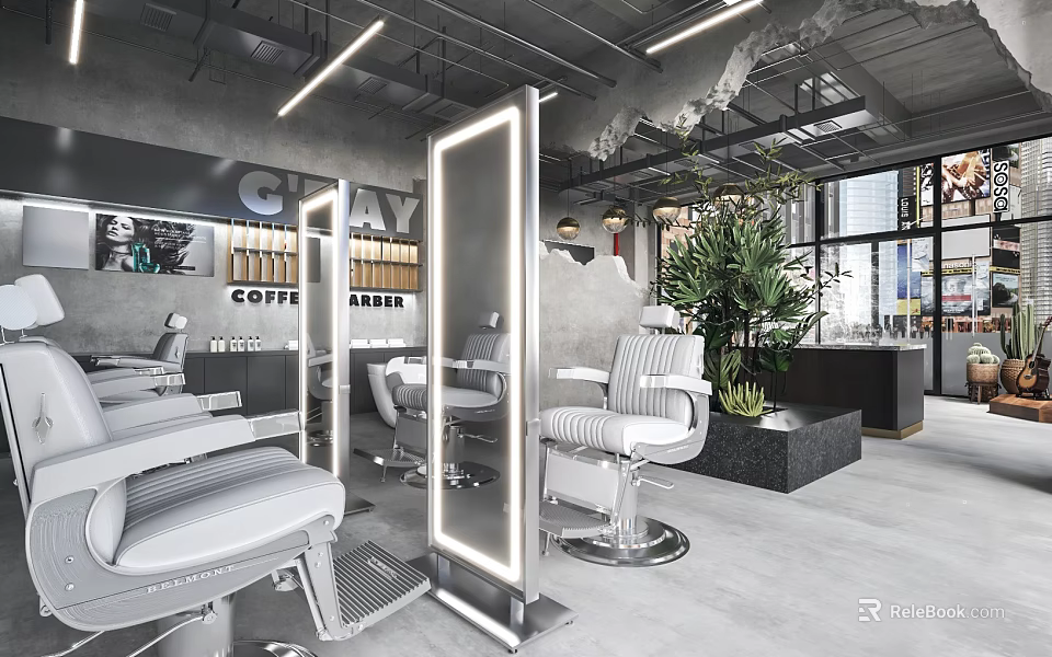Modern Barber Shop Interior with Styling Chairs Mirrors and Green Plants 3d model 
