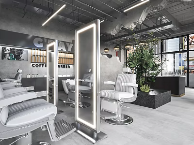 Modern Barber Shop Interior with Styling Chairs Mirrors and Green Plants 3d model