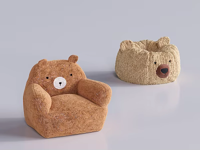 Bear Shaped Bean Bag Chairs Brown Beige Knitted Fabric Cute Comfortable For Kids Living Room 3d model