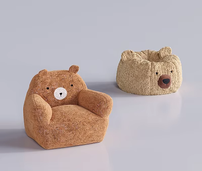 Bear Shaped Bean Bag Chairs Brown Beige Knitted Fabric Cute Comfortable For Kids Living Room 3d model