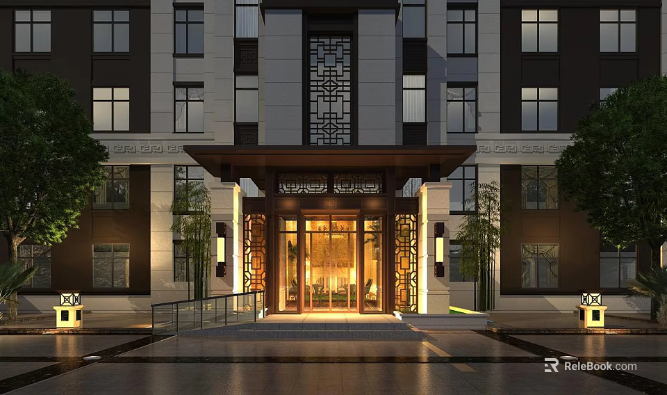 Traditional Style Entrance Gate With Elegant Wooden Frame Carved Lattice And Warm Lighting Design 3d model 