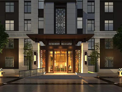 Traditional Style Entrance Gate With Elegant Wooden Frame Carved Lattice And Warm Lighting Design 3d model