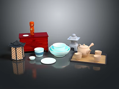 Traditional Japanese Tea Ceremony Items With Red Cabinet Lantern Bowls Teapot And Plates 3d model