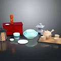 Traditional Japanese Tea Ceremony Items With Red Cabinet Lantern Bowls Teapot And Plates