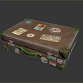 Vintage Brown Leather Suitcase With Multiple Travel Stickers And Brass Clasps