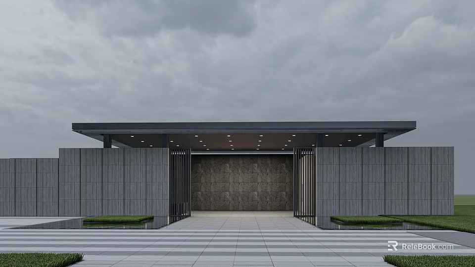 Modern Entrance Gate With Gray Stone Walls Sloped Canopy Stone Pathway Flanked by Green Lawns 3d model 