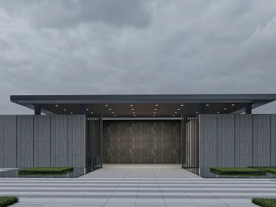 Modern Entrance Gate With Gray Stone Walls Sloped Canopy Stone Pathway Flanked by Green Lawns 3d model