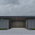 Modern Entrance Gate With Gray Stone Walls Sloped Canopy Stone Pathway Flanked by Green Lawns