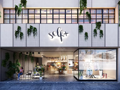 Modern Clothing Store Exterior With Green Plants Open Design And Window Displays 3d model