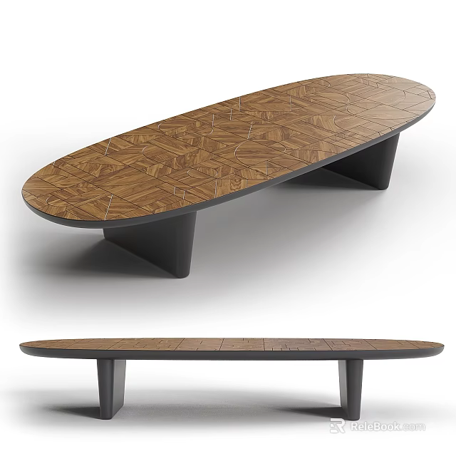 Modern Oval Wooden Coffee Table With Patterned Surface And Black Legs 3d model 