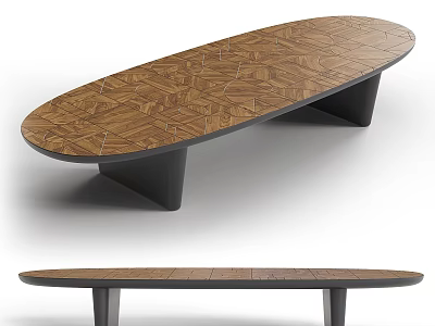 Modern Oval Wooden Coffee Table With Patterned Surface And Black Legs 3d model