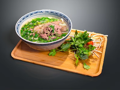 Bowl of Beef Soup with Green Vegetables and Fresh Herbs on Wooden Tray 3d model