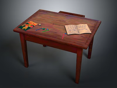 Wooden Table Top With Open Notebook Colored Pencils Crayons And Picture Book 3d model