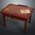Wooden Table Top With Open Notebook Colored Pencils Crayons And Picture Book