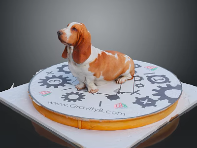 Brown and white Basset Hound sitting on circular platform decorated with gear patterns 3d model