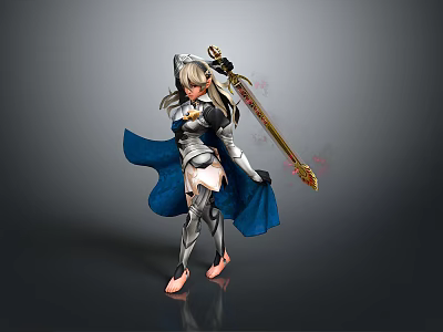 3D Female Warrior Character In Silver Armor With Blue Cloak And Golden Sword 3d model
