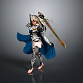 3D Female Warrior Character In Silver Armor With Blue Cloak And Golden Sword