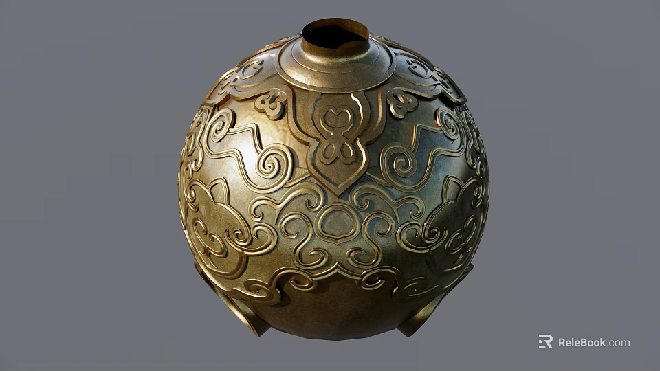 Golden Ceramic Vessel With Intricate Carved Decorative Patterns Round Shape And Traditional Design 3d model 
