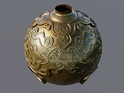 Golden Ceramic Vessel With Intricate Carved Decorative Patterns Round Shape And Traditional Design 3d model