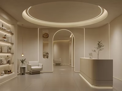 Elegant Modern Beauty Hair Salon Interior With Reception Desk Comfortable Seats And Circular Lighting 3d model