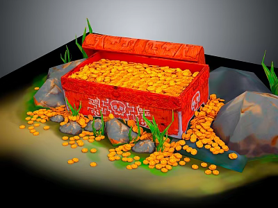 Red Treasure Chest Filled With Gold Coins Surrounded By Scattered Coins Stones And Green Grass 3d model