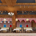 Traditional Restaurant Interior With Wooden Ceiling Chandeliers Long Tables And Patterned Floor